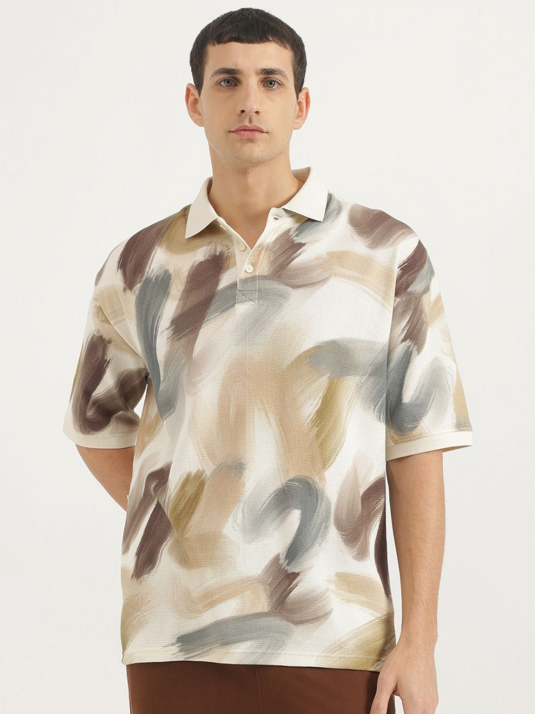 United Colors of Benetton Men Abstract Printed Polo Collar Pure Cotton Oversized T-shirt