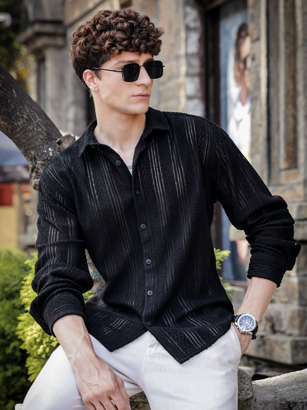 HERE&NOW Men Relaxed Fit Spread Collar Textured Casual Shirt