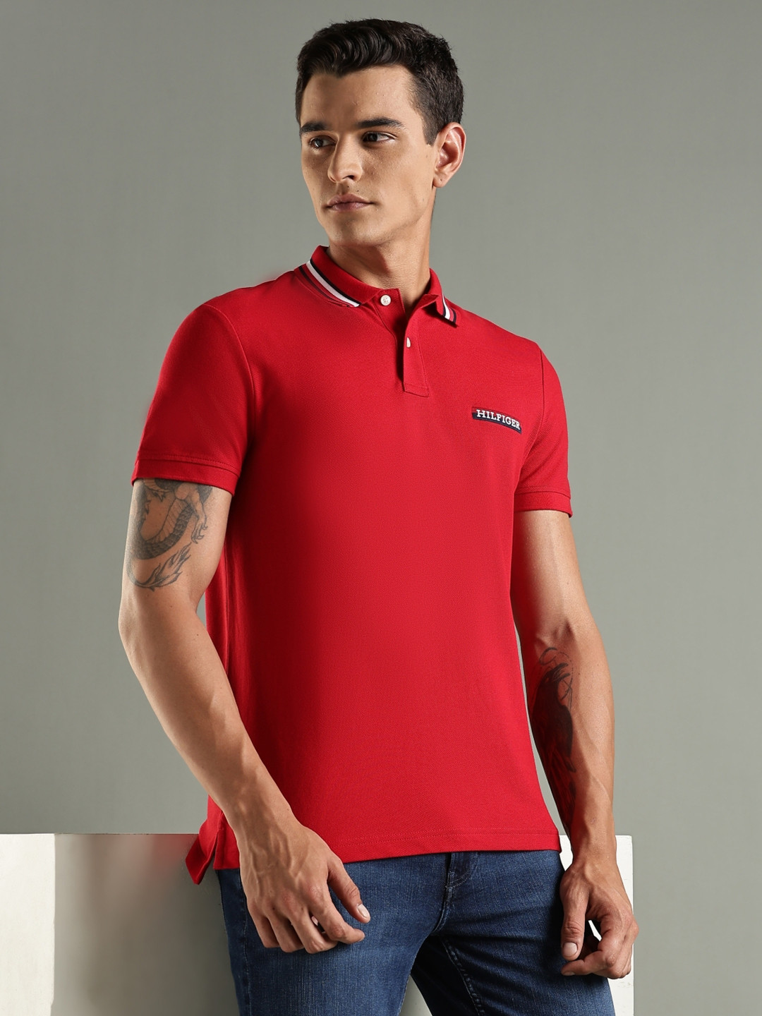 Tommy Hilfiger Europe Brand Logo Printed Polo Collar Regular Fit Cotton T-Shirt