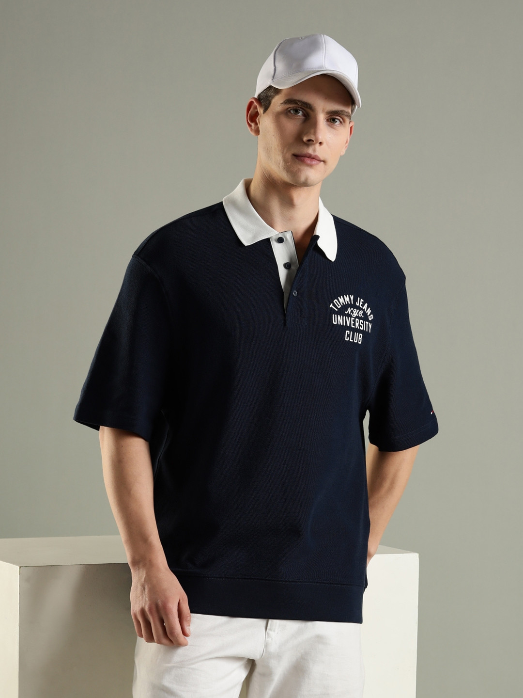 Tommy Hilfiger Brand Logo Printed Polo Collar Drop-Shoulder Sleeves Pure Cotton T-shirt