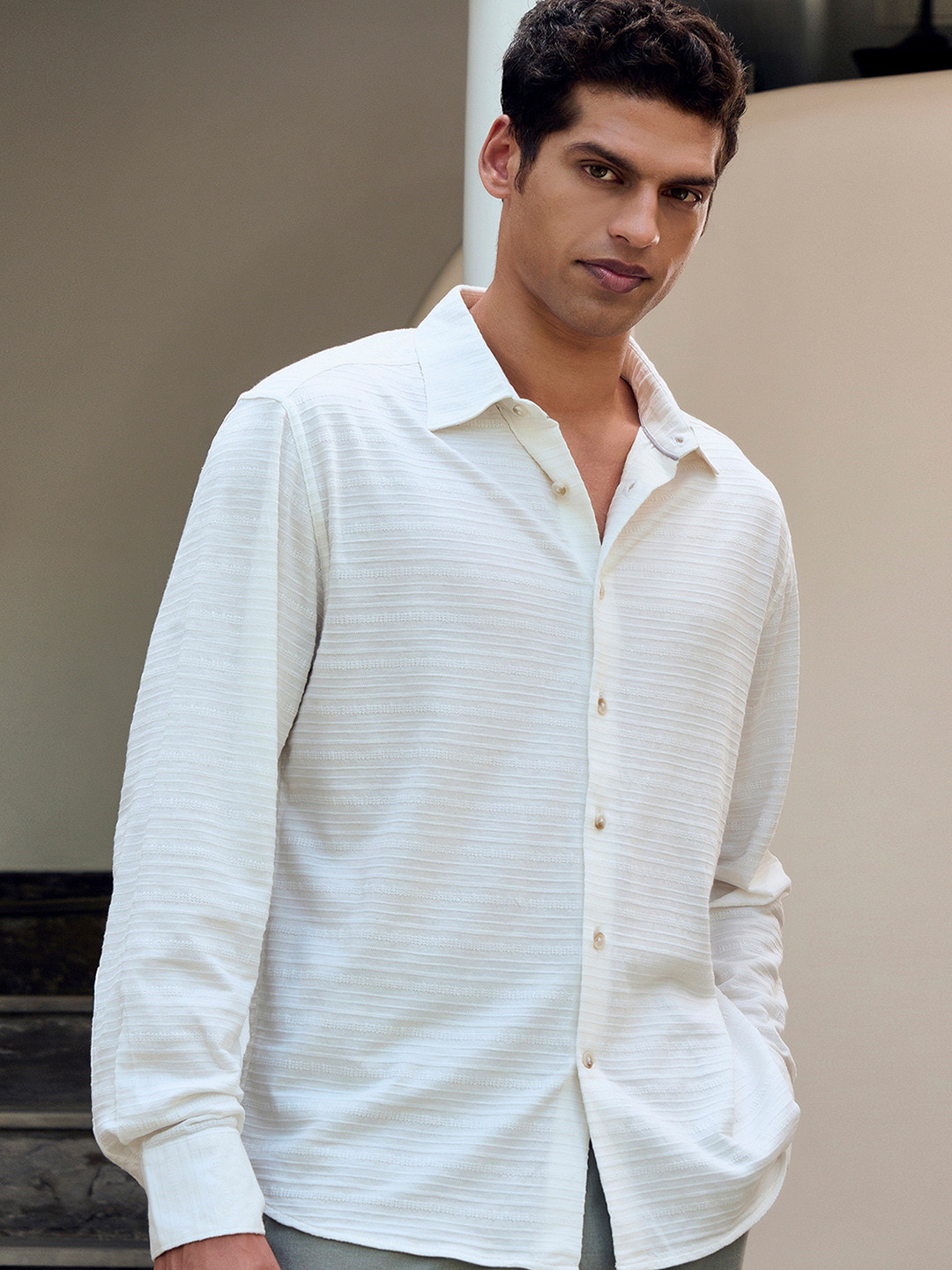 Andamen Men Textured Cotton Modal Relaxed Fit Shirt