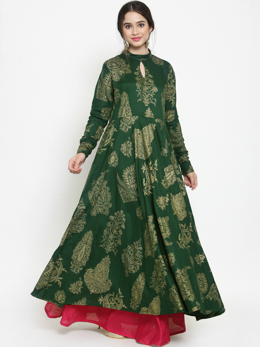 Get Glamr Women Green & Golden-Coloured Printed Anarkali Kurta