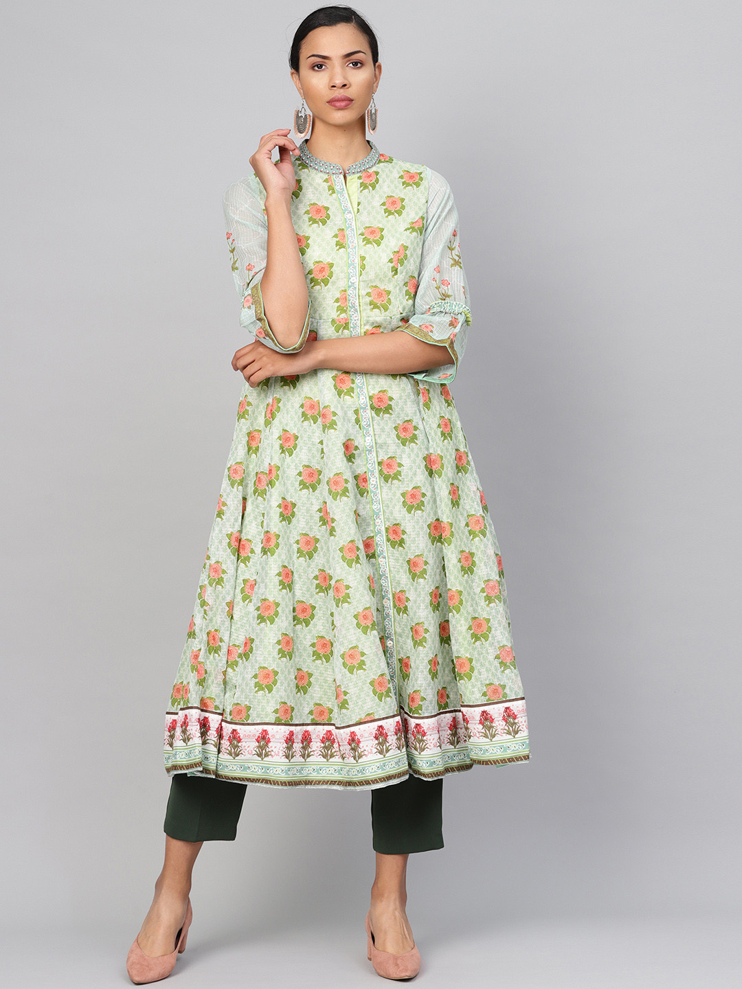 Biba Women Green & Peach-Coloured Floral Print Anarkali Kurta