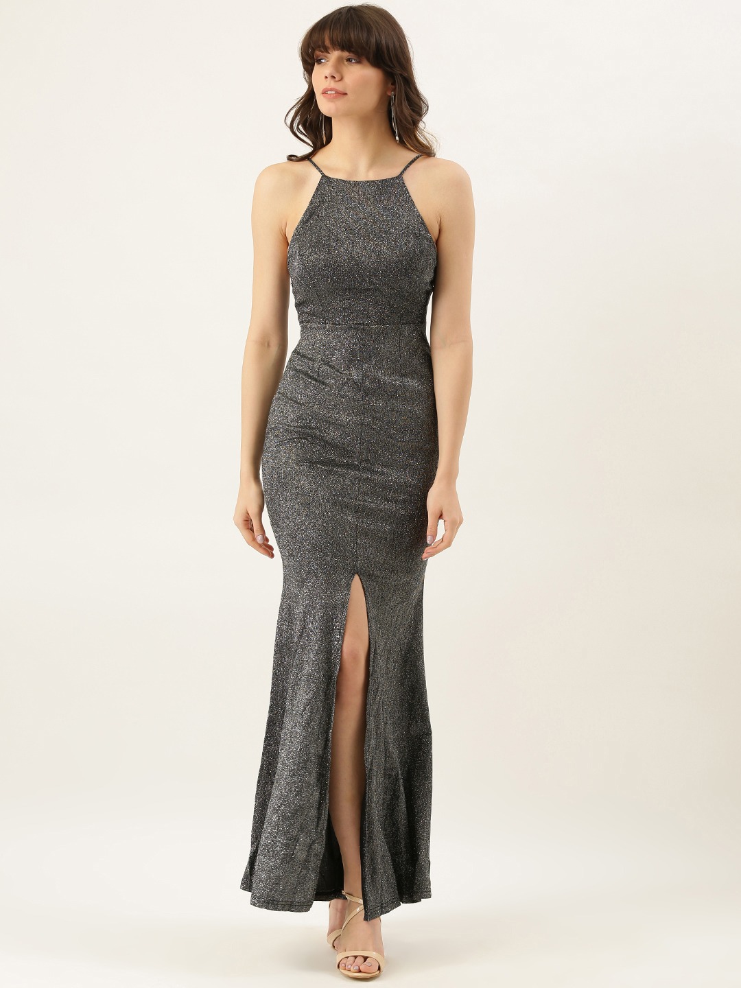 Forever 21 Women Black &Amp; Silver Toned Solid Shimmer Maxi Dress
