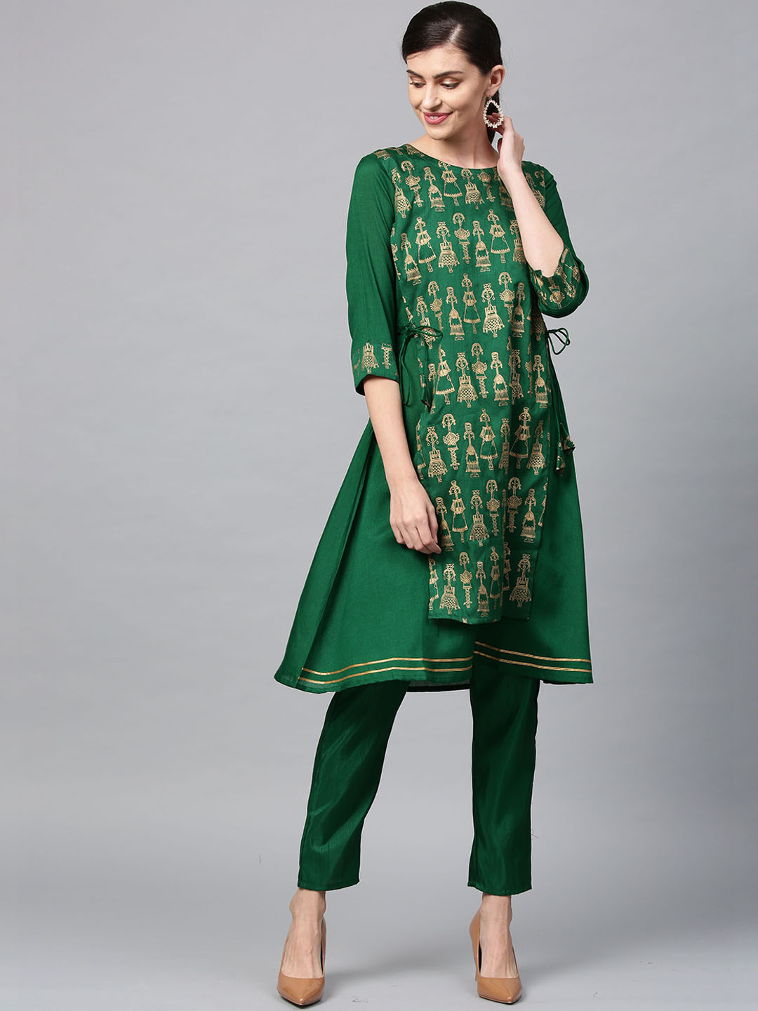 ZIYAA Women Green & Gold-Coloured Printed A-Line Kurta