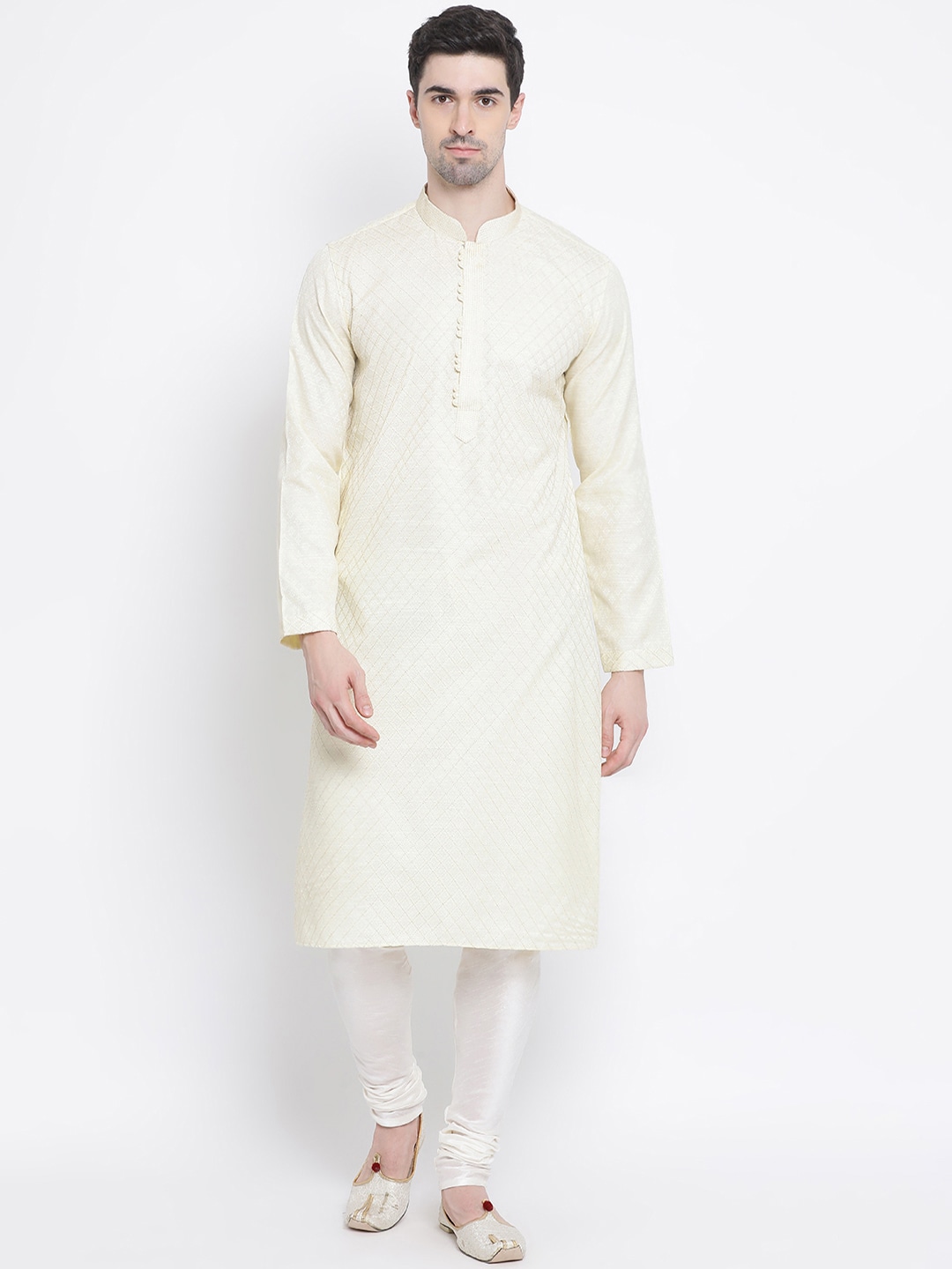 Men Cream-Coloured & White Embroidered Kurta with Churidar