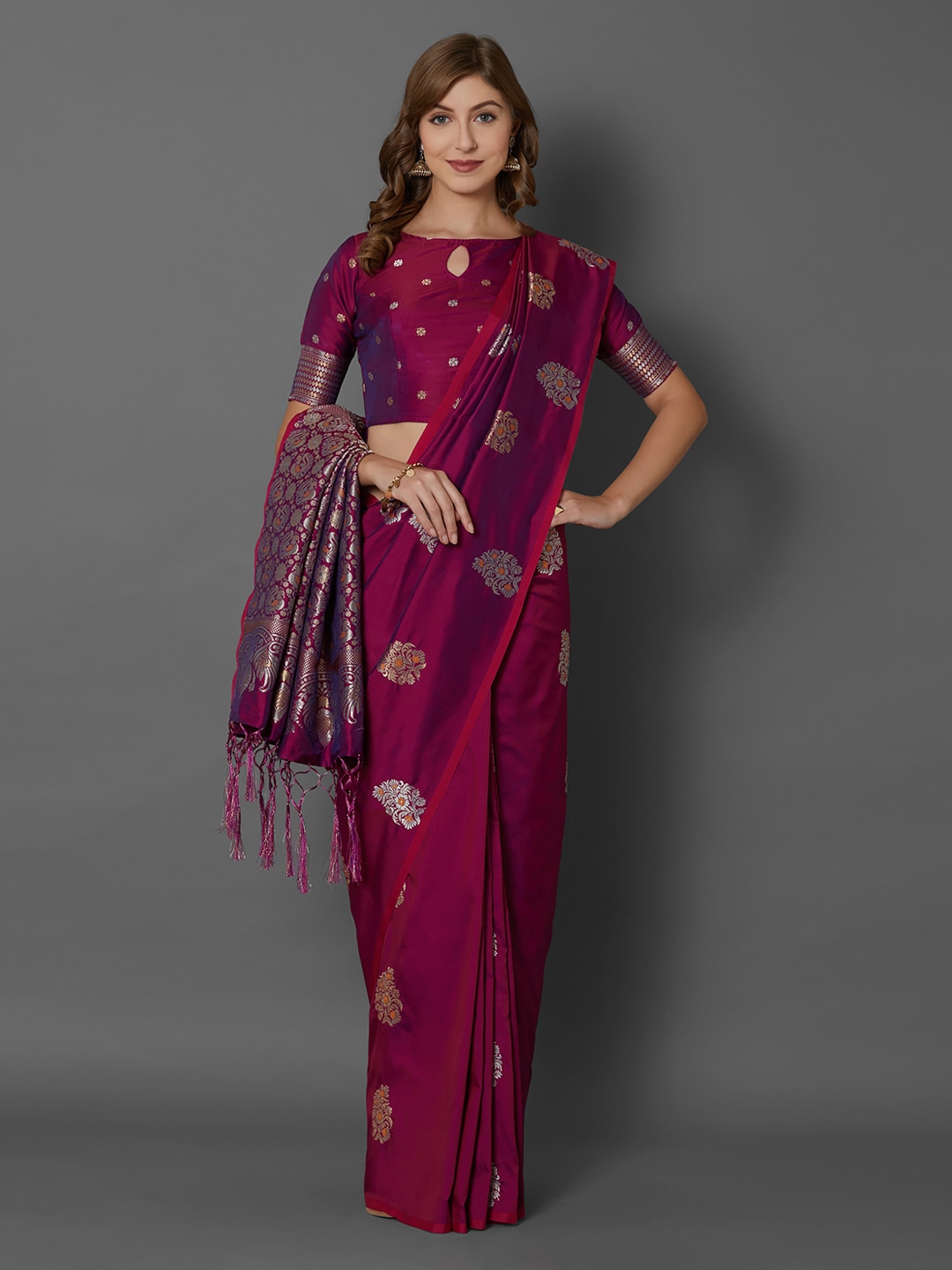 Mitera Magenta Silk Blend Woven Design Banarasi Saree