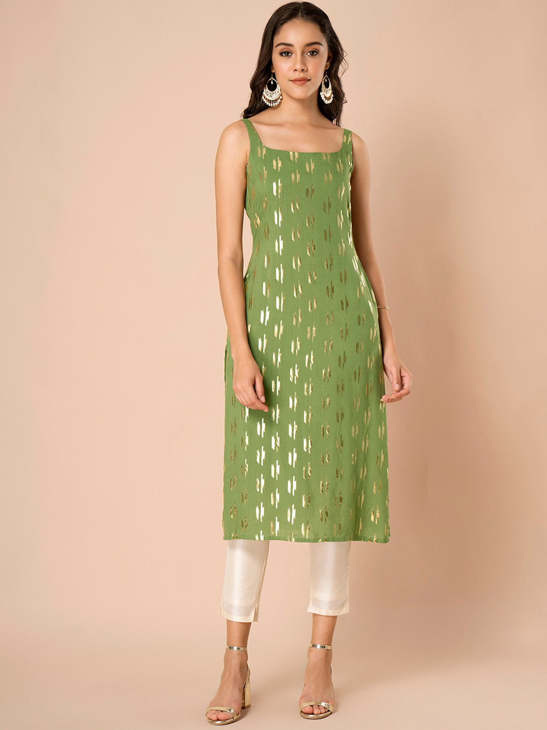 Women Green & Gold-Coloured Ikat Foil Printed Straight Kurta