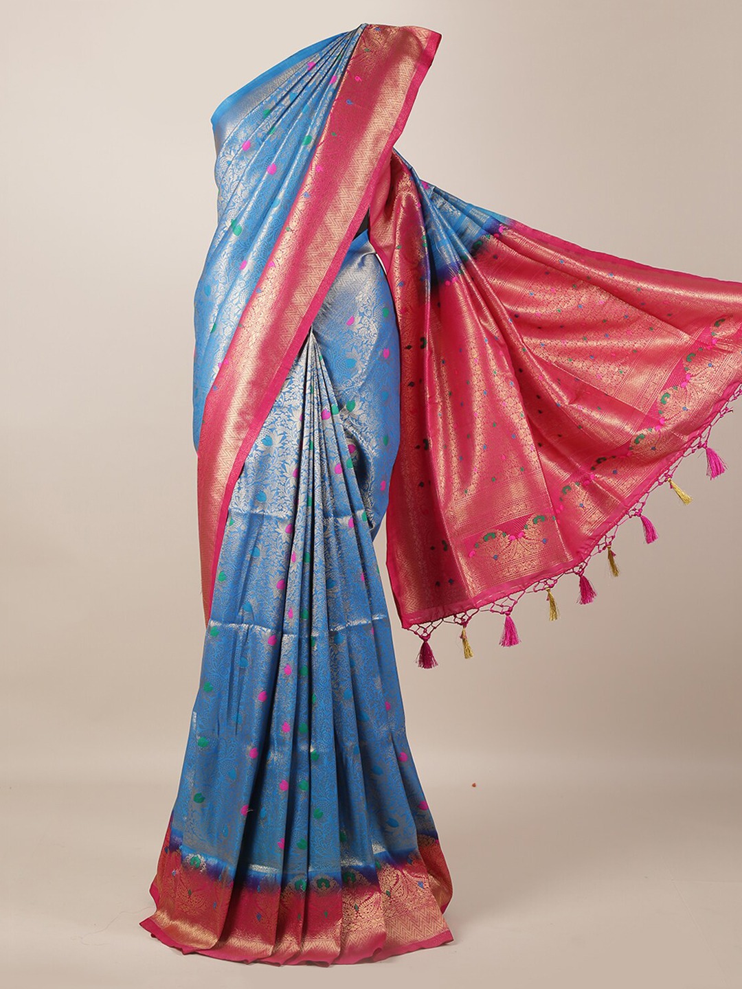 Pothys Blue & Pink Jute Silk Woven Design Saree