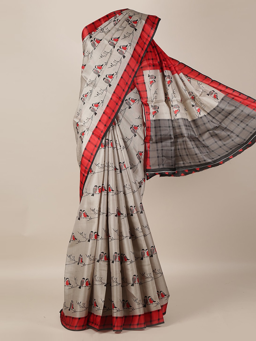 Pothys Grey & Red Jute Silk Printed Saree