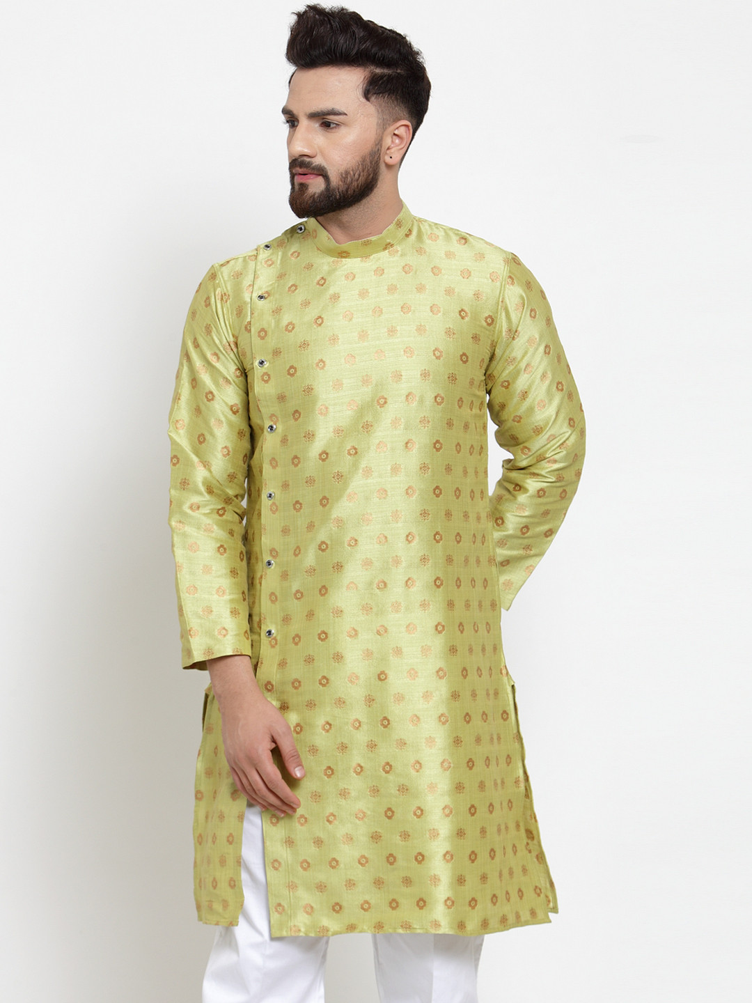 KLOTTHE Men Green & Gold-Coloured Woven Design Straight Kurta