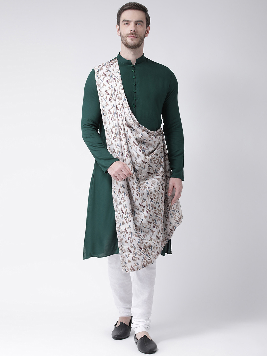 DEYANN Men Green & Cream-Coloured Printed Straight Kurta With Attached...