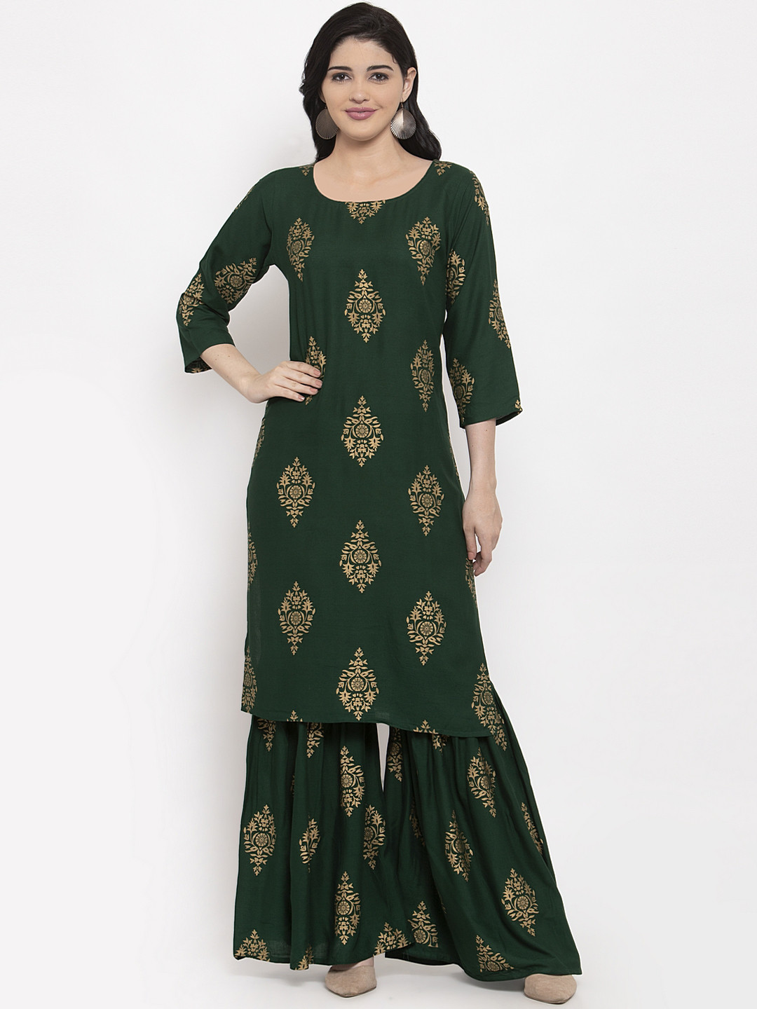 ANAISA Women Green & Gold-Coloured Printed Kurta with Sharara
