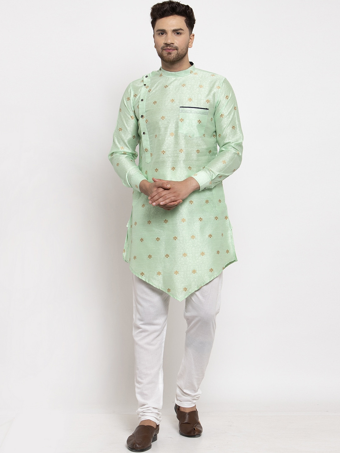KLOTTHE Men Green & Gold-Coloured Woven Design A-Line Kurta
