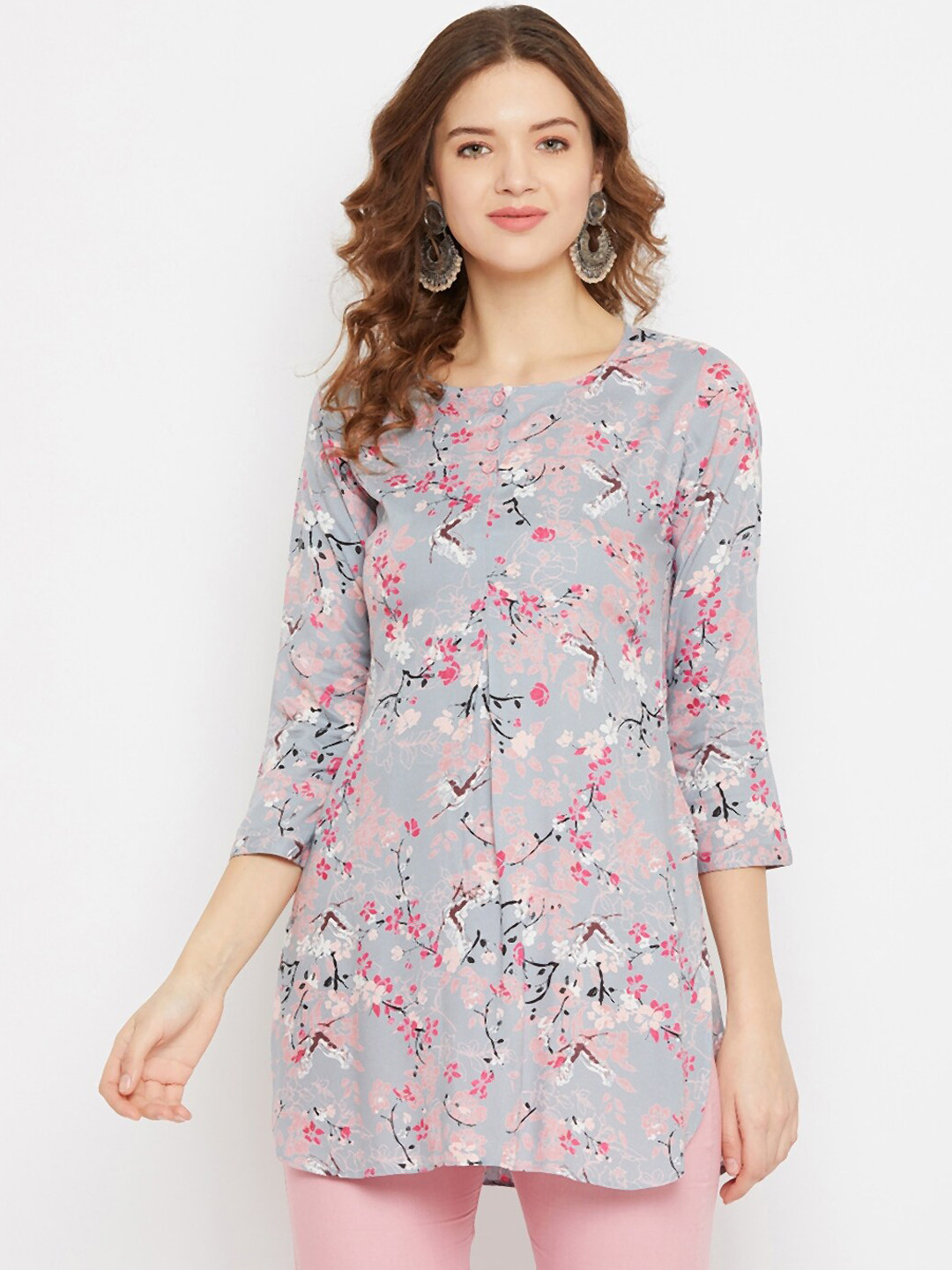 Tissu Women Grey & Pink Floral Printed Straight Kurti