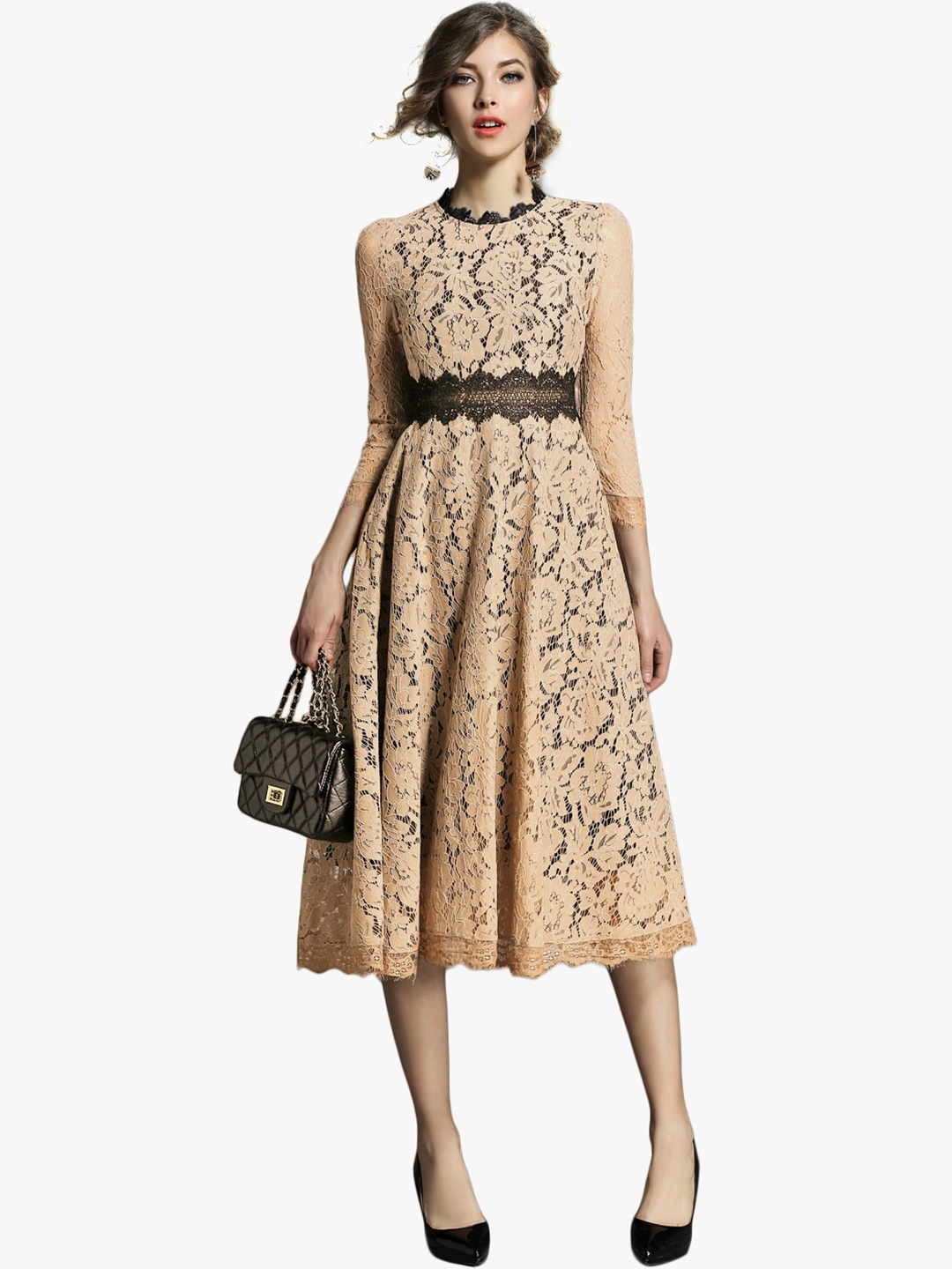 

JC Collection Women Beige Self Design Fit and Flare Dress