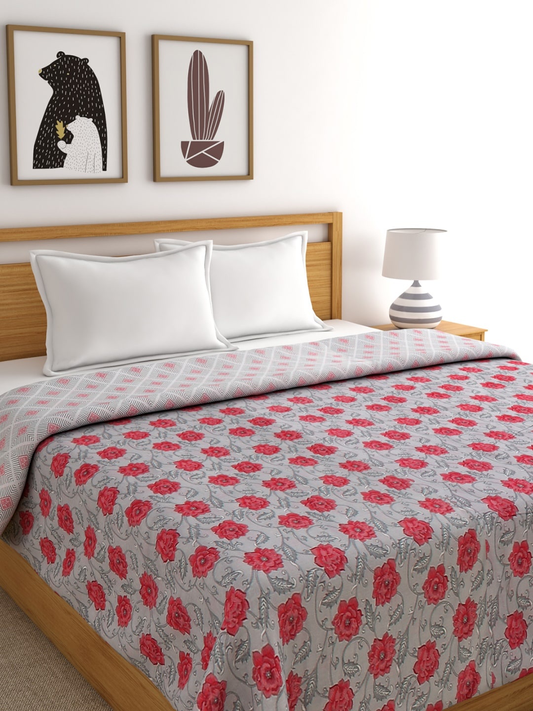 

ROMEE Grey & Red Floral AC Room 300 GSM Double Bed Dohar