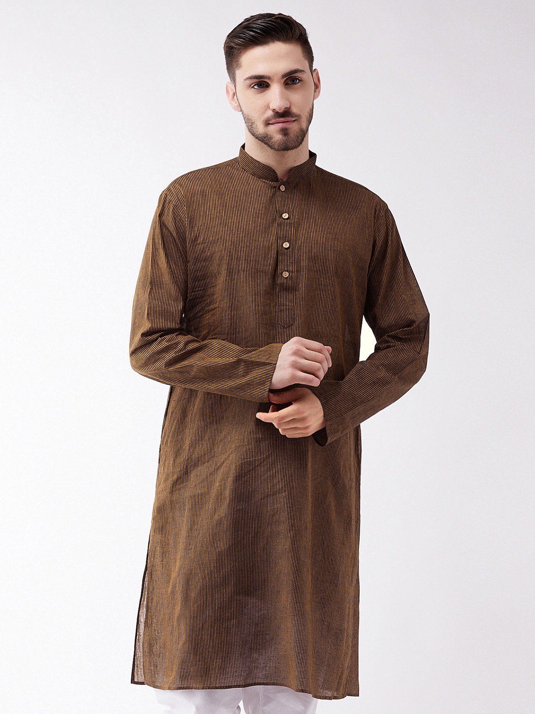 

VASTRAMAY Men Coffee Brown Striped Straight Kurta