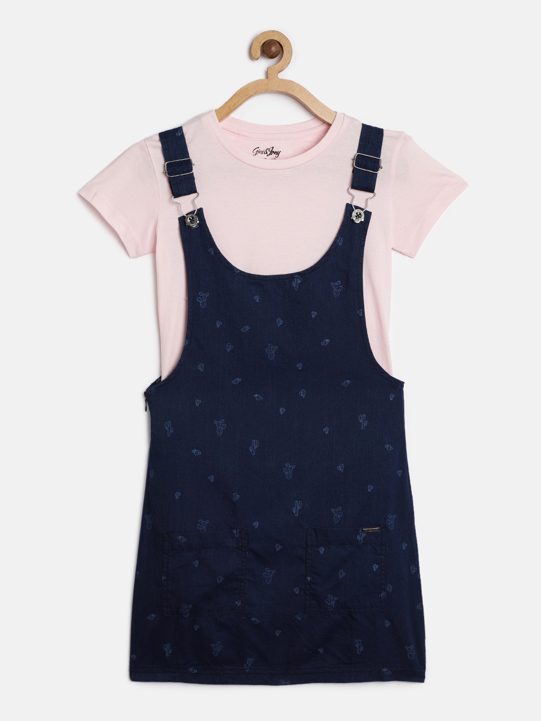 

Gini and Jony Girls Navy Blue Pinafore Dress with Pink Tshirt