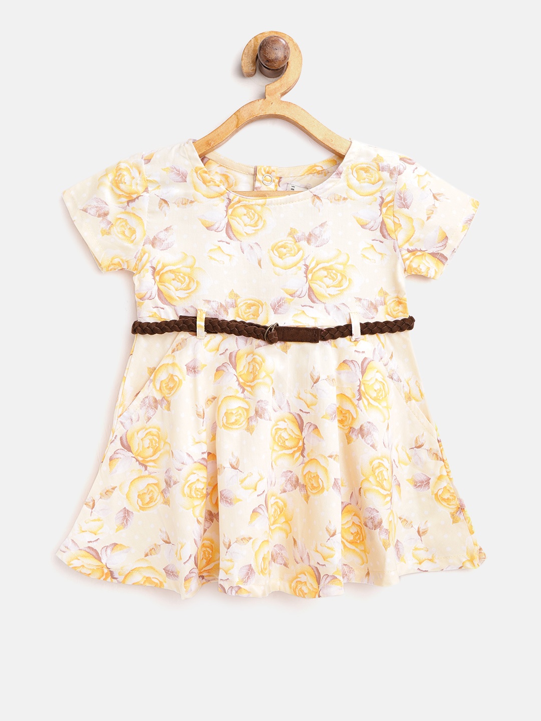 

Palm Tree Girls Cream-Coloured & Yellow Floral Print A-Line Dress with Belt