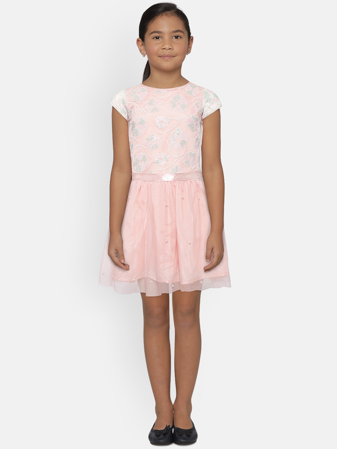 

Gini and Jony Girls Peach-Coloured Floral Embroidered Fit & Flare Dress