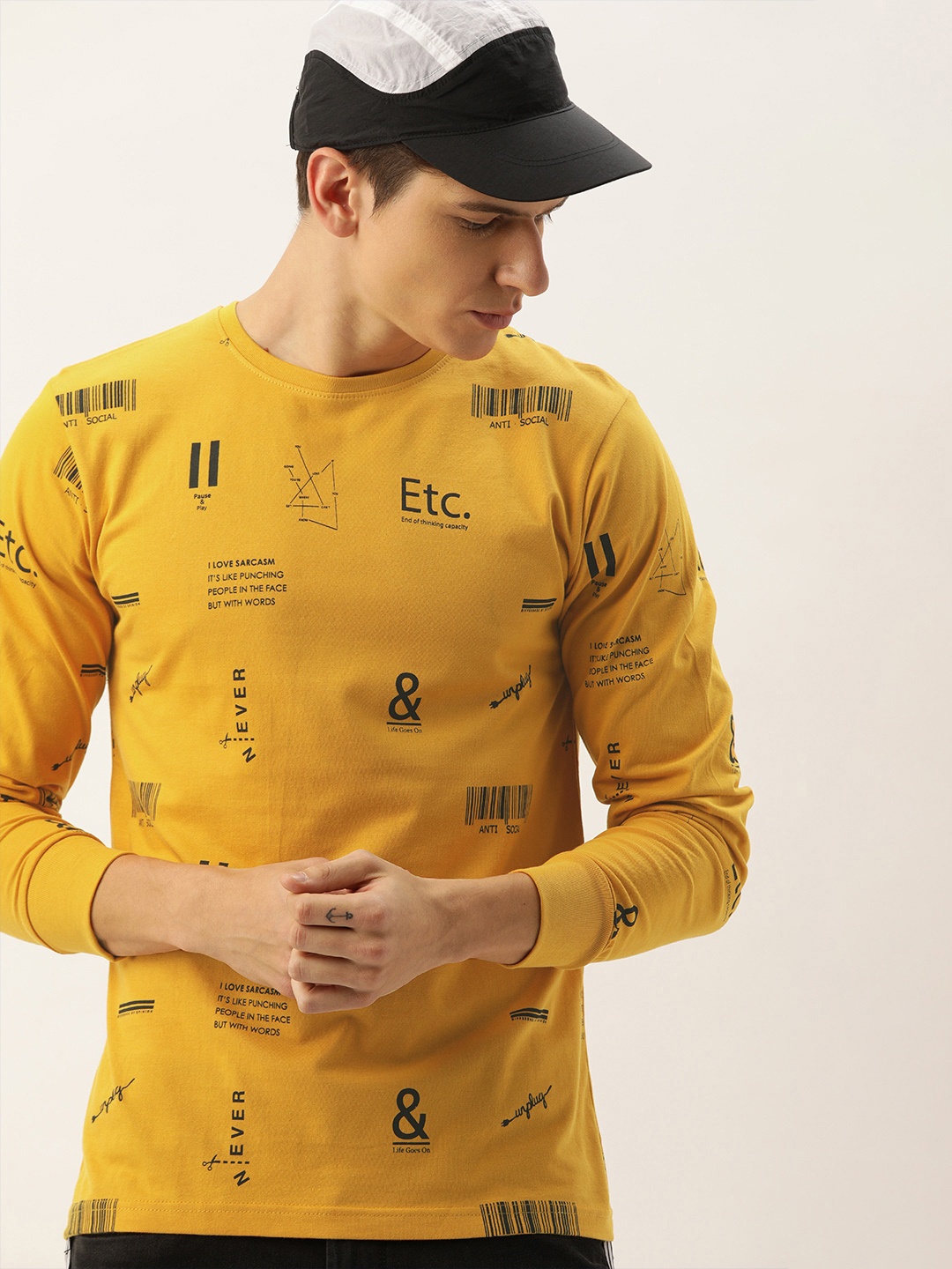 

Difference of Opinion Men Mustard Yellow Printed Round Neck Pure Cotton T-shirt