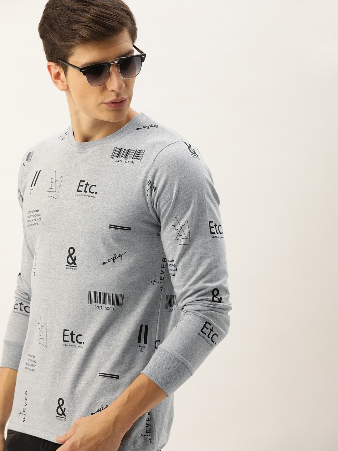 

Difference of Opinion Men Grey Melange Printed Round Neck Pure Cotton T-shirt