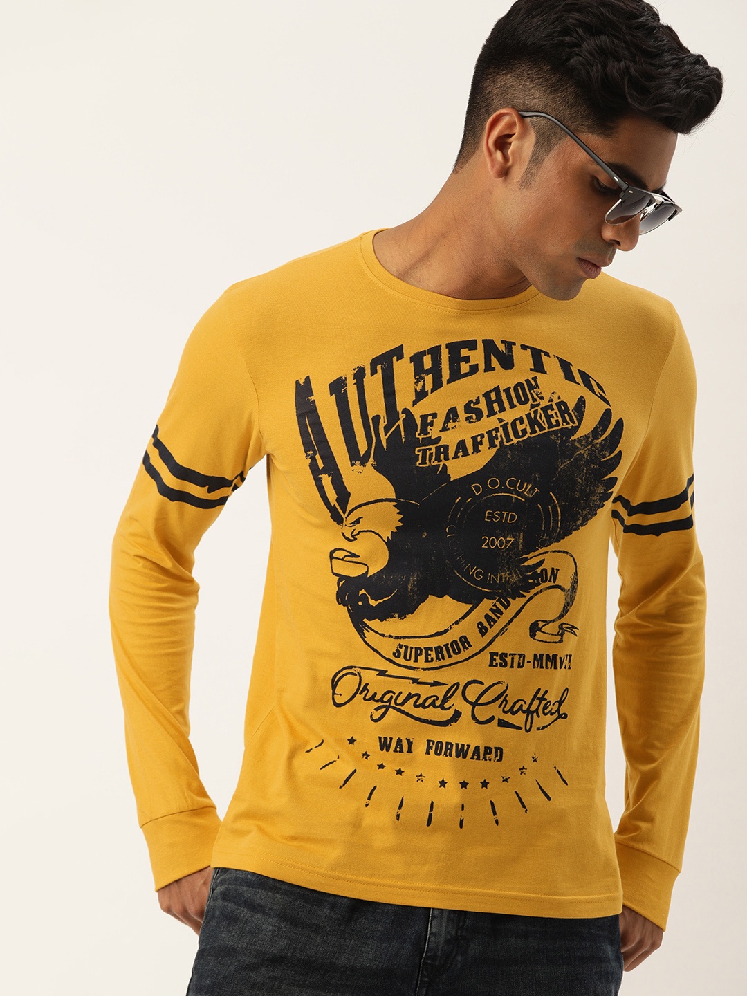 

Difference of Opinion Men Mustard Yellow Printed Round Neck Pure Cotton T-shirt