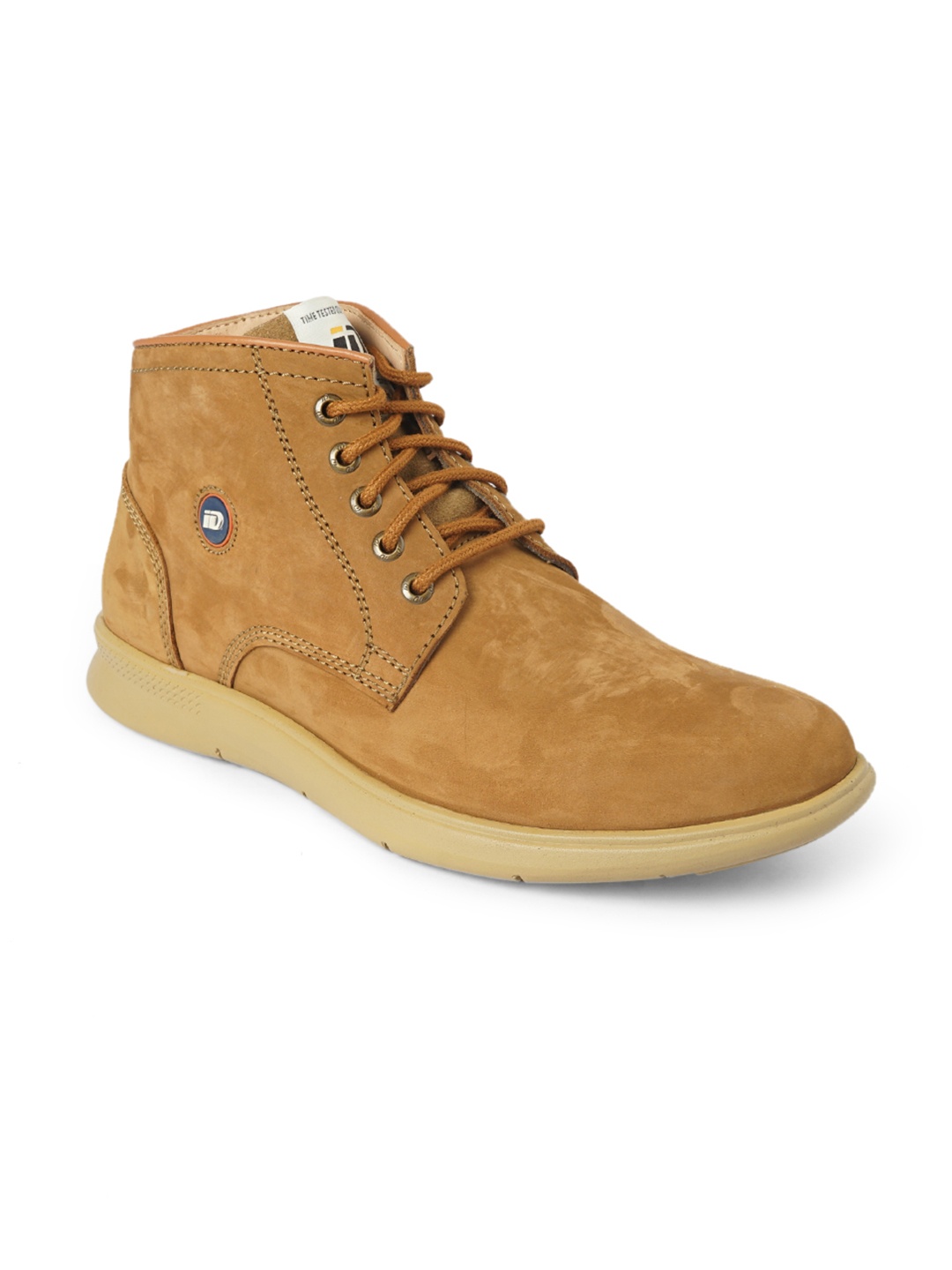 

ID Men Beige Solid Leather Mid-Top Flat Boots