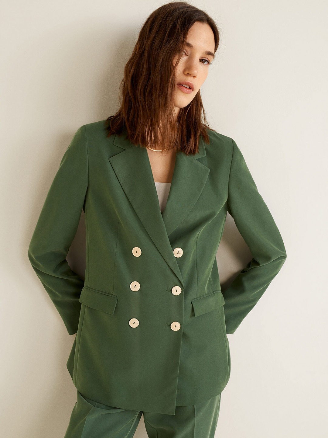 

MANGO Women Green Solid Regular Fit Double Breasted Casual Blazer