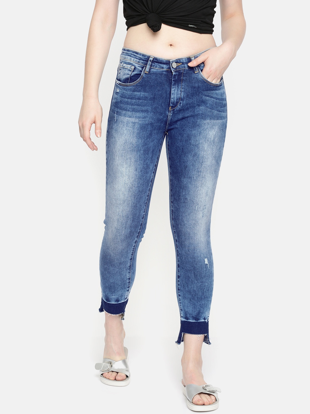

SPYKAR Women Blue Adora Skinny Fit Mid-Rise Low Distress Ankle-length Stretchable Jeans