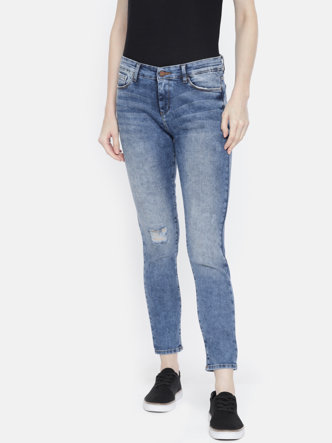 

SPYKAR Women Blue Adora Skinny Fit High-Rise Low Distressed Stretchable Ankle Jeans