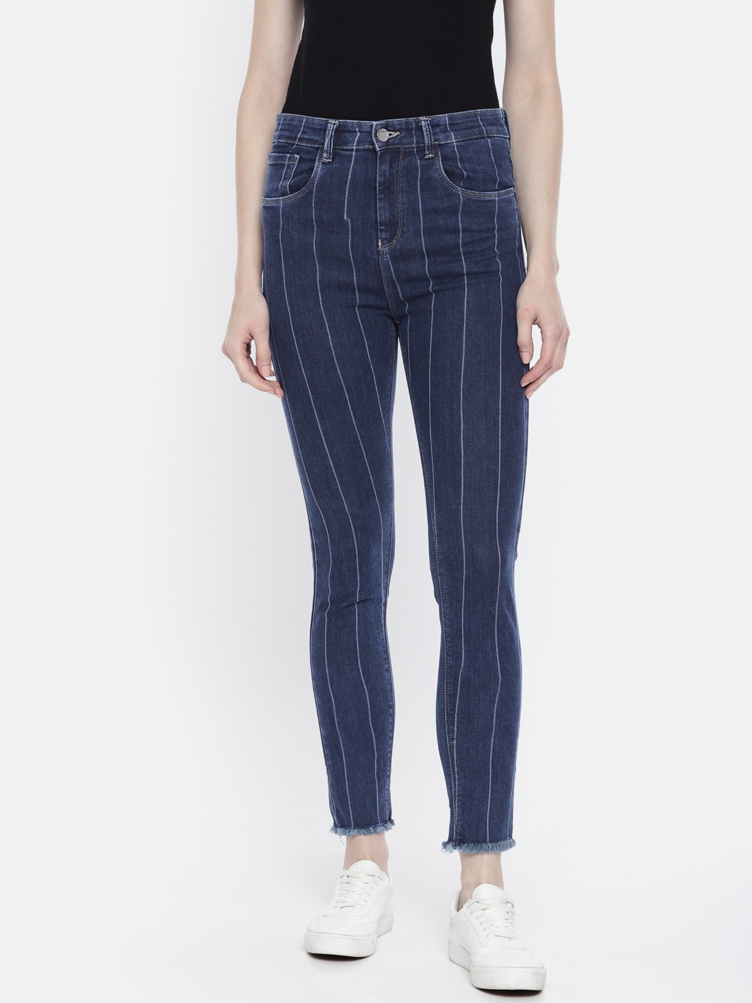 

SPYKAR Women Blue Alexa Super Skinny Fit High-Rise Clean Look Stretchable Striped Jeans