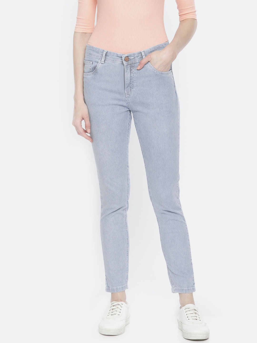 

SPYKAR Women Blue & White Striped Adora Skinny Fit Mid-Rise Clean Look Ankle Jeans