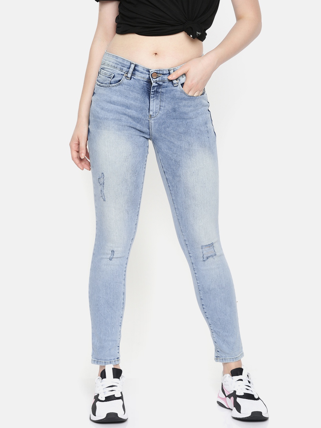 

SPYKAR Women Blue Adora Skinny Fit Mid-Rise Low Distress Stretchable Ankle-Length Jeans
