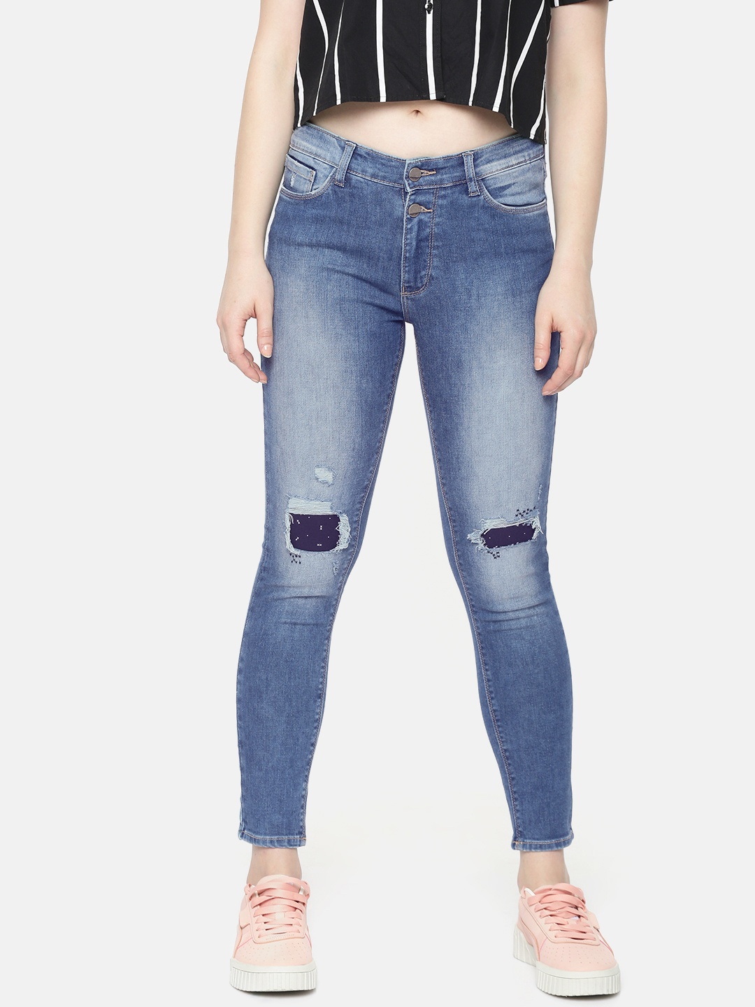 

SPYKAR Women Blue Adora Skinny Fit Mid-Rise Mildly Distressed Stretchable Cropped Jeans