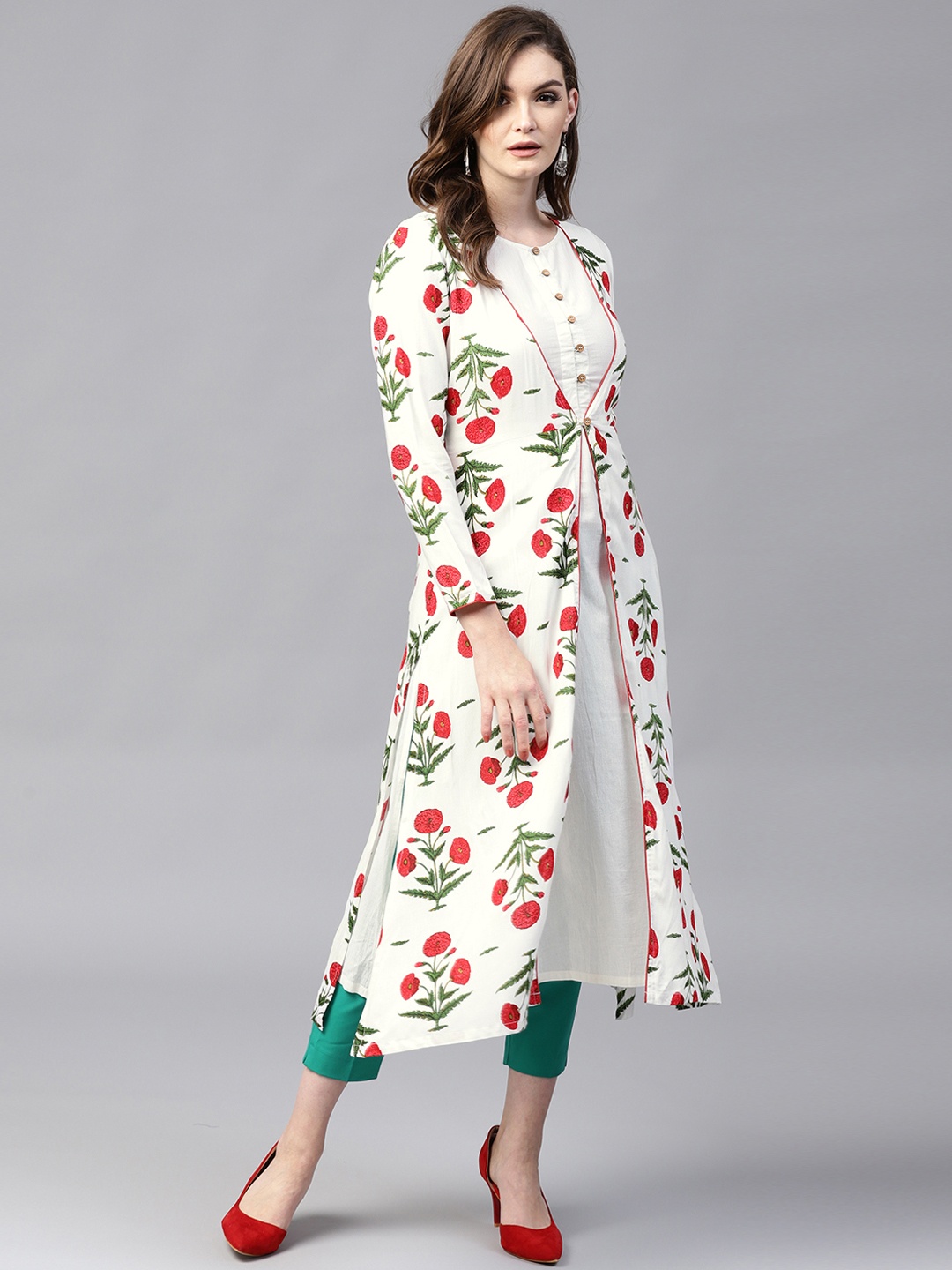 

SASSAFRAS Women Off-White Layered Straight Kurta with Printed Ethnic Jacket