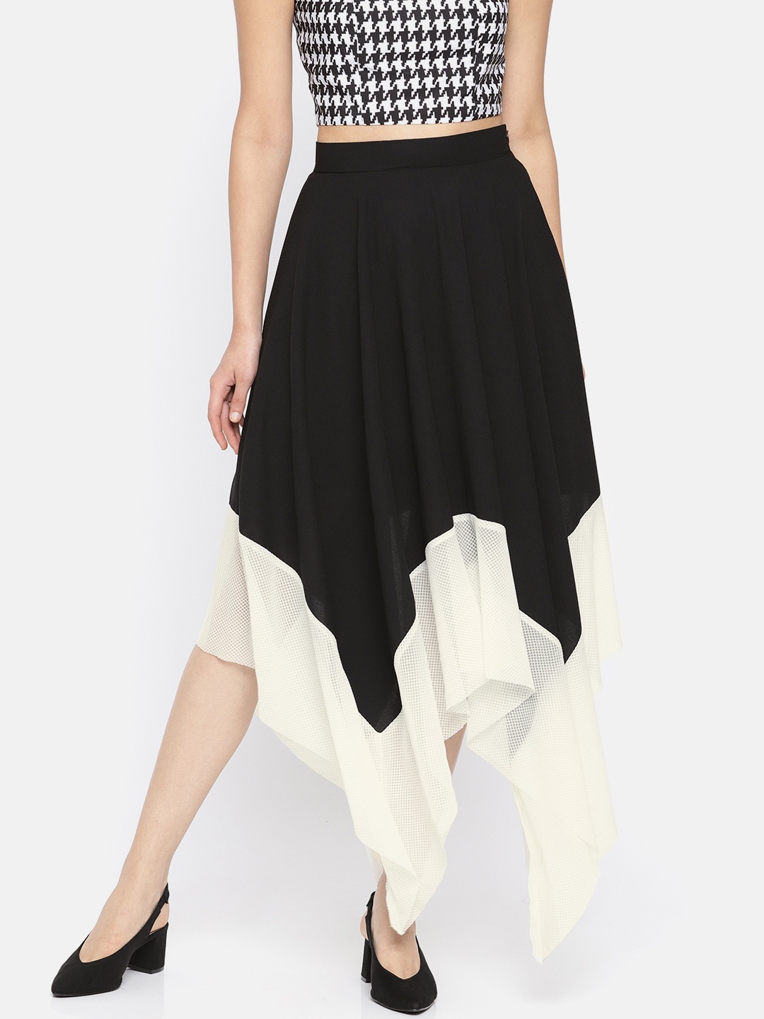 

Roving Mode Women Black & White Colourblocked A-line Asymmetric Hem Skirt