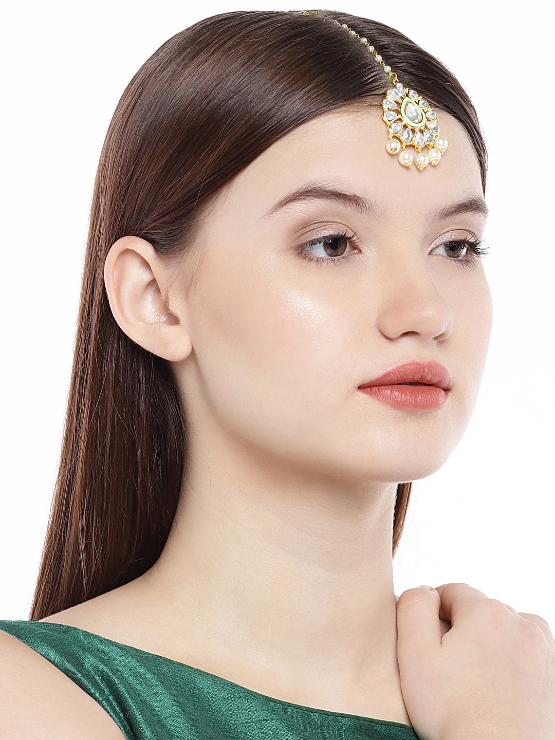 

AccessHer Gold-Plated & Green Embellished Kundan & Enamel Maang Tika