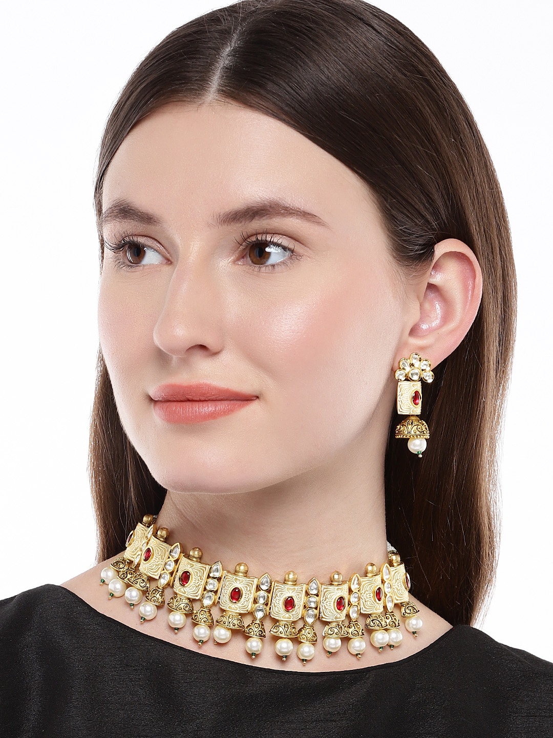 

AccessHer Gold-Plated & Off-White Kundan and Enamel Embellished Jewellery Set