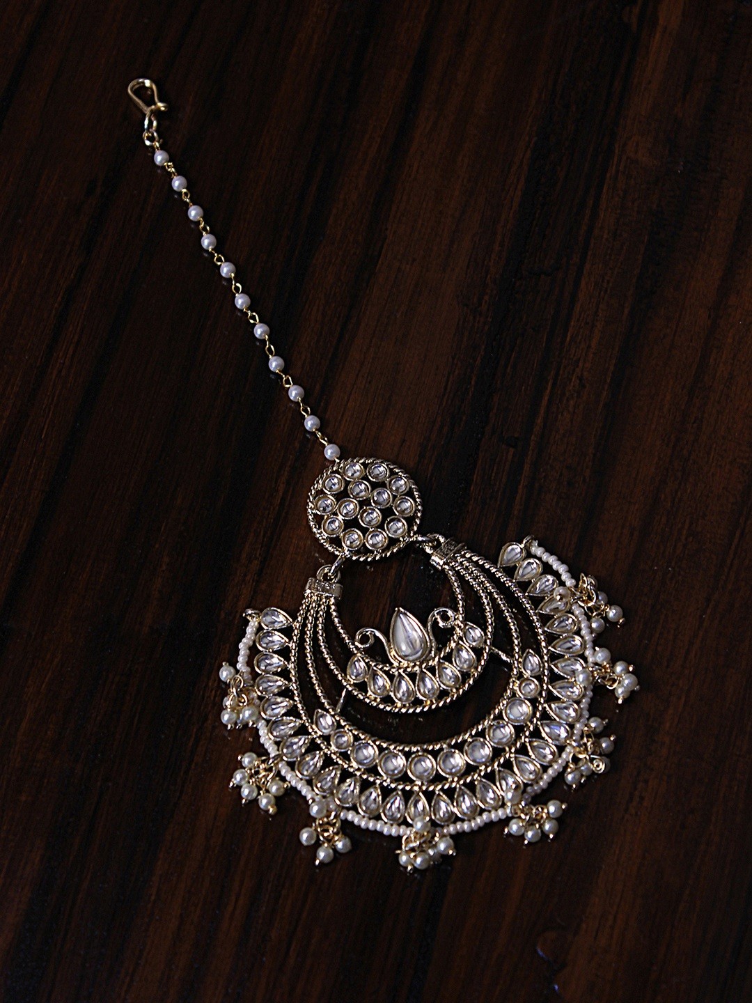 

AccessHer Gold-Plated & White Kundan Studded Chandbali Maang Tikka