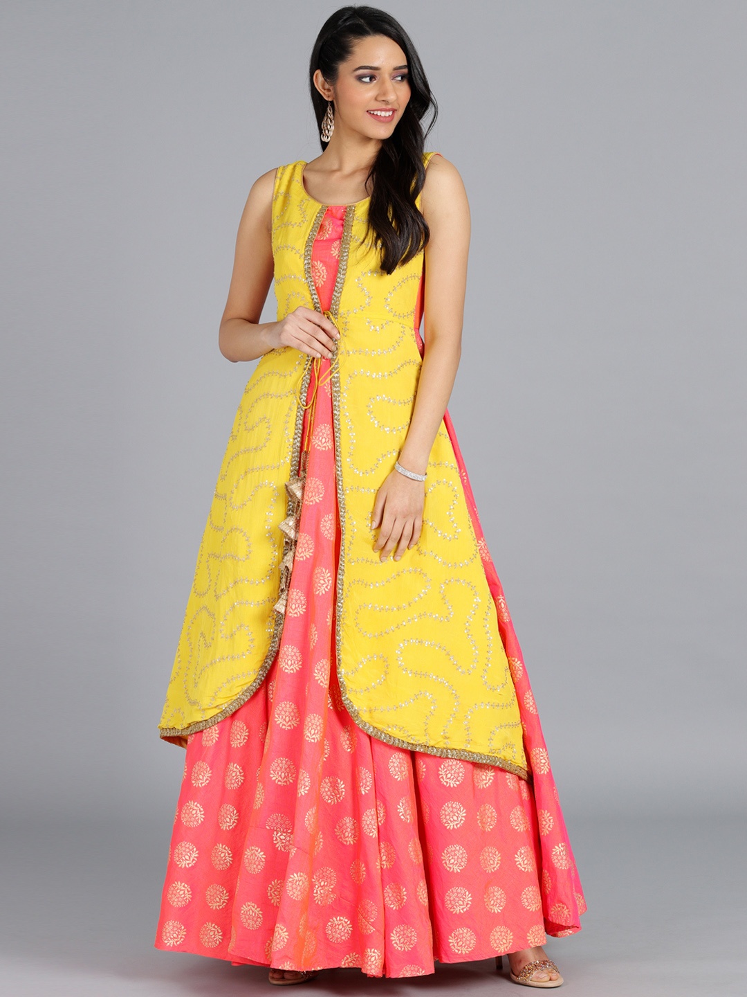 

Ethnovog Women Coral Pink Yellow Printed Made to Measure Printed Maxi Dress
