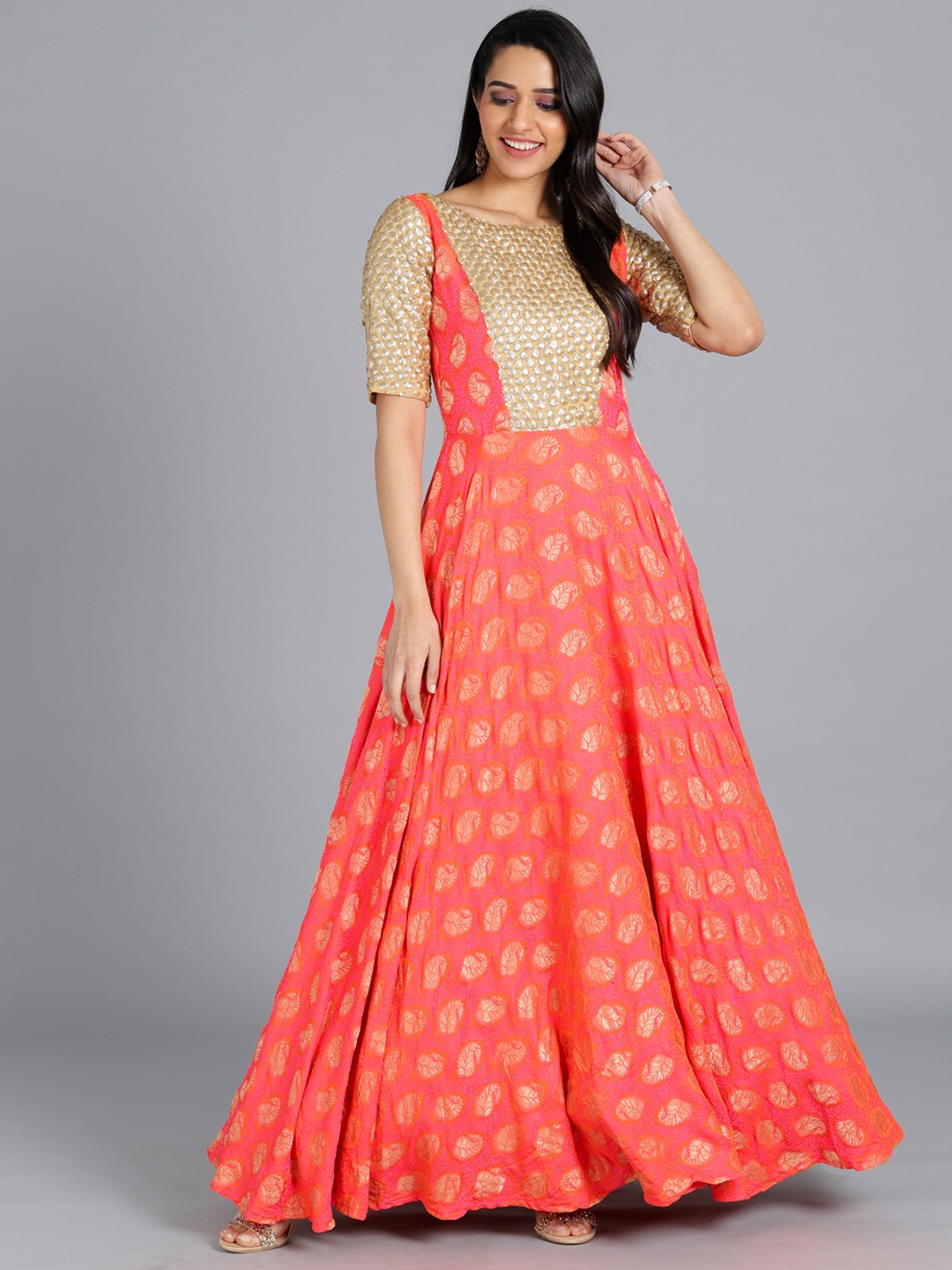 

Ethnovog Women Coral Pink Orange Printed Made to Measure Printed Maxi Dress