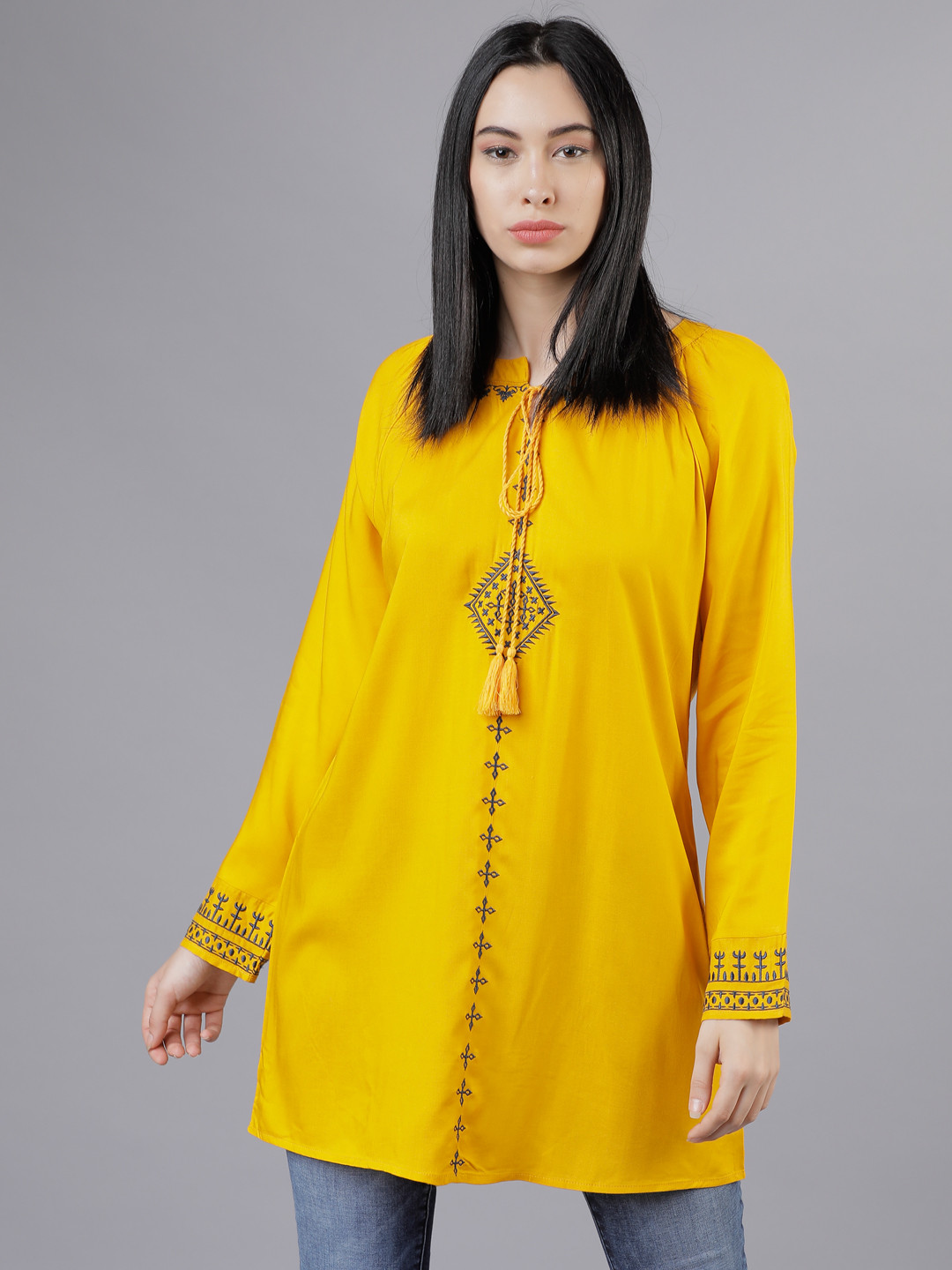 

Vishudh Women Mustard Yellow Printed A-Line Top