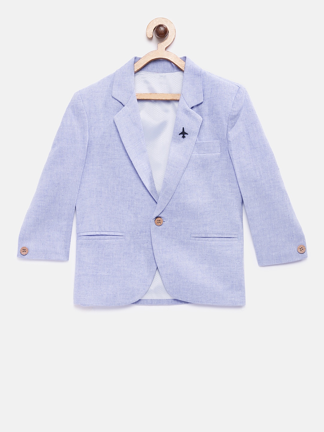

RIKIDOOS Boys Blue Solid Single-Breasted Pure Cotton Blazer