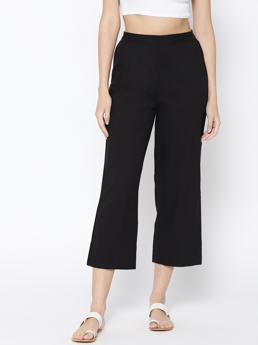 

Indo Era Women Black Solid Straight Three Fourth Length Palazzos