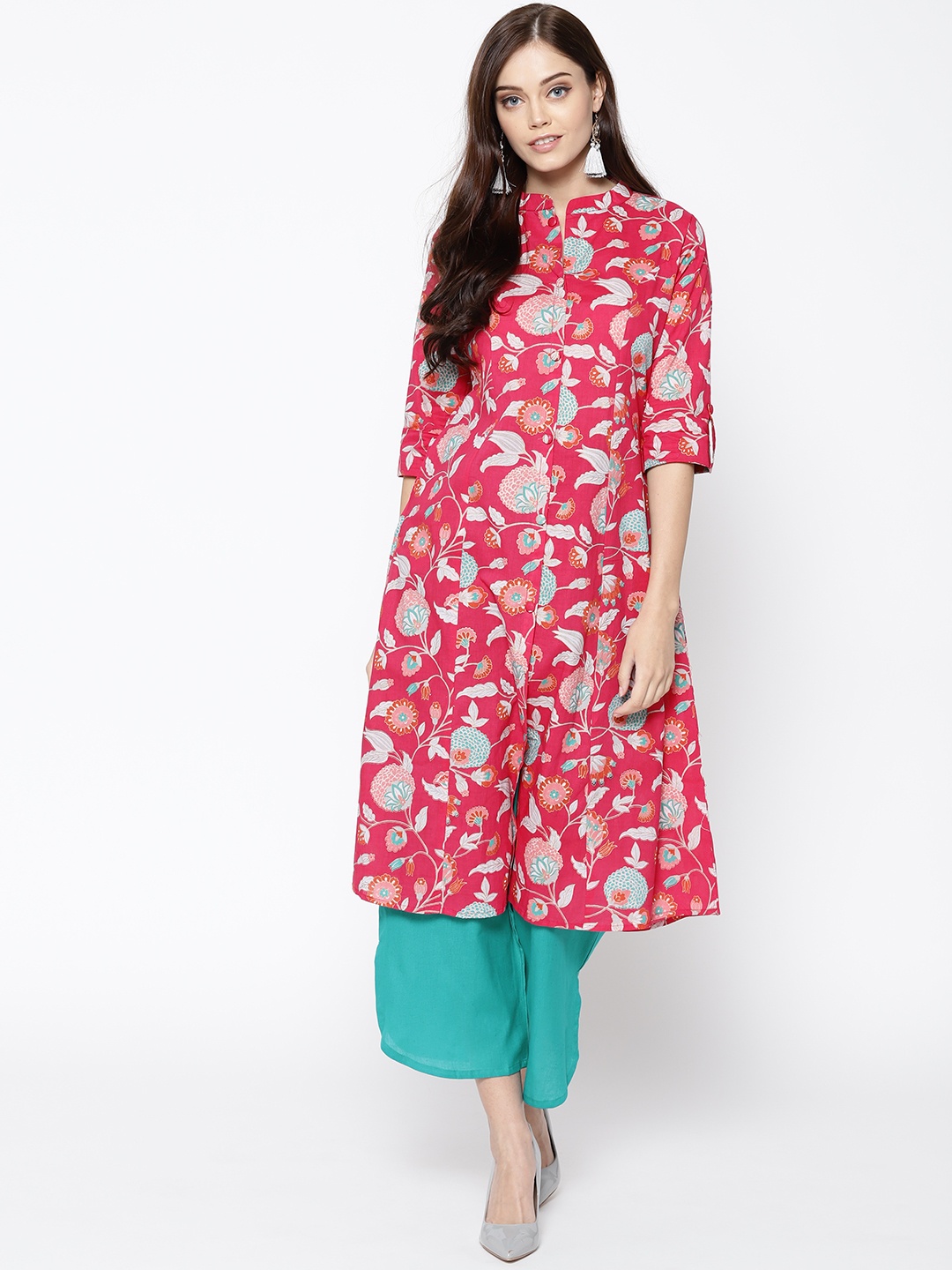 

Indo Era Women Pink & Off-White Floral Print A-Line Kurta