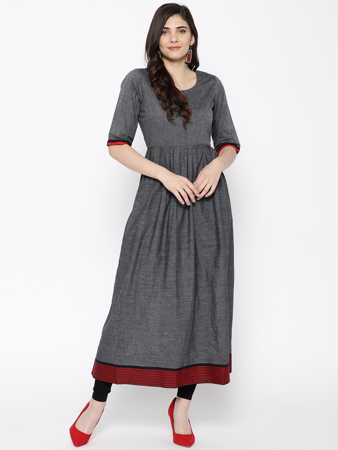 

Indo Era Women Grey & Red Solid A-Line Kurta