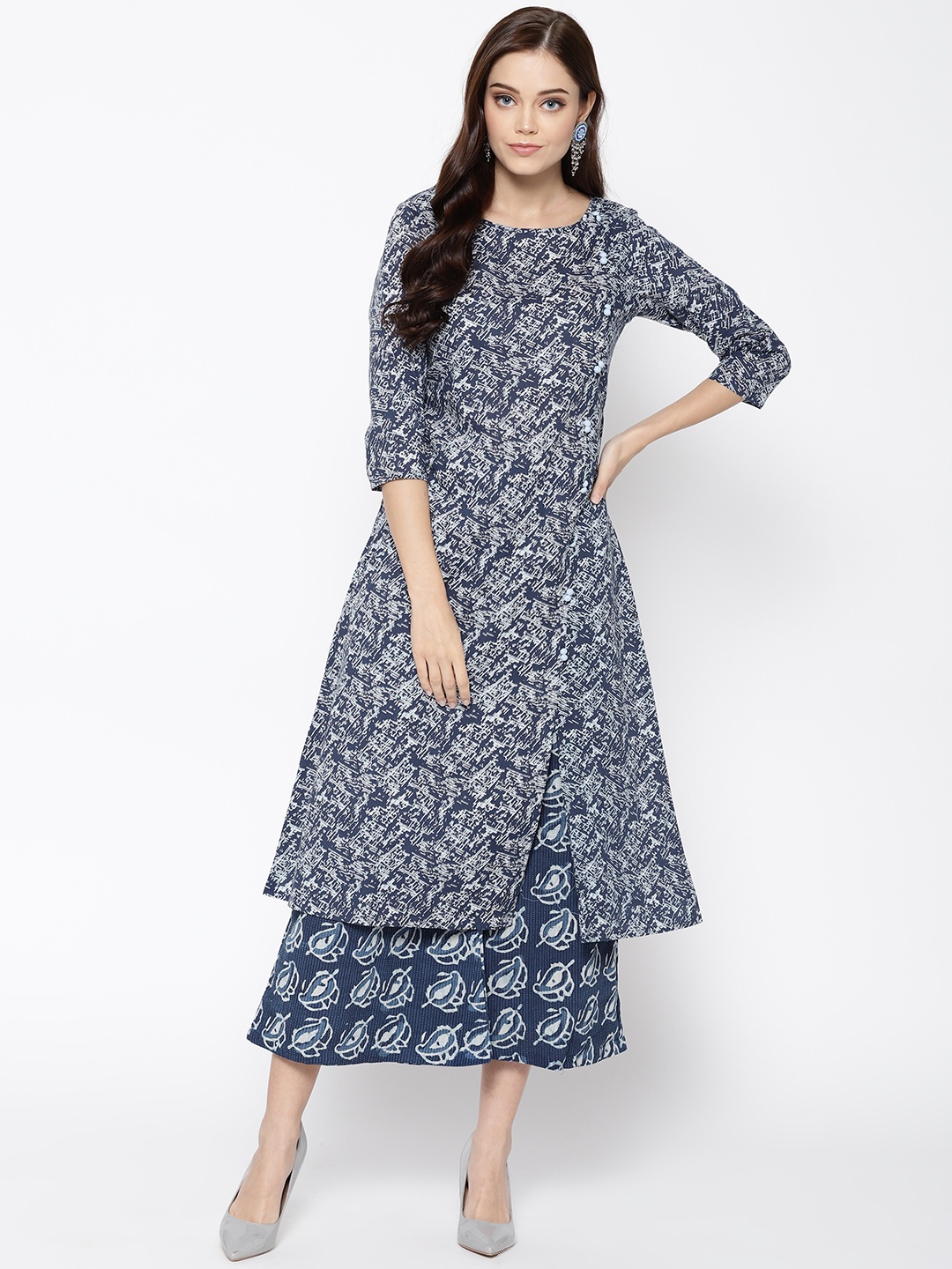 

Indo Era Women Navy Blue & White Printed A-Line Kurta