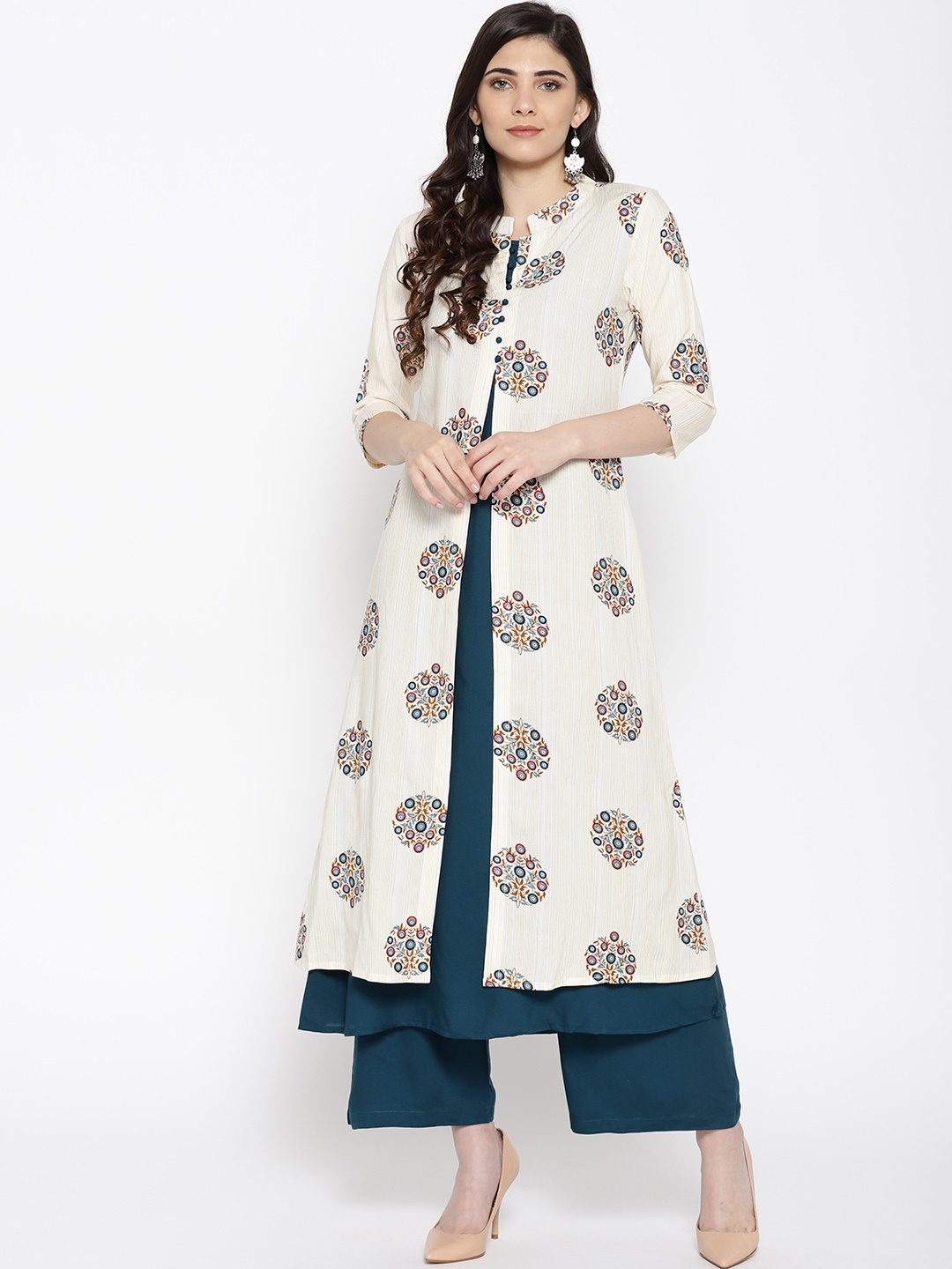 

Indo Era Women Off-White & Teal Blue Layered Screen Printed A-Line Kurta